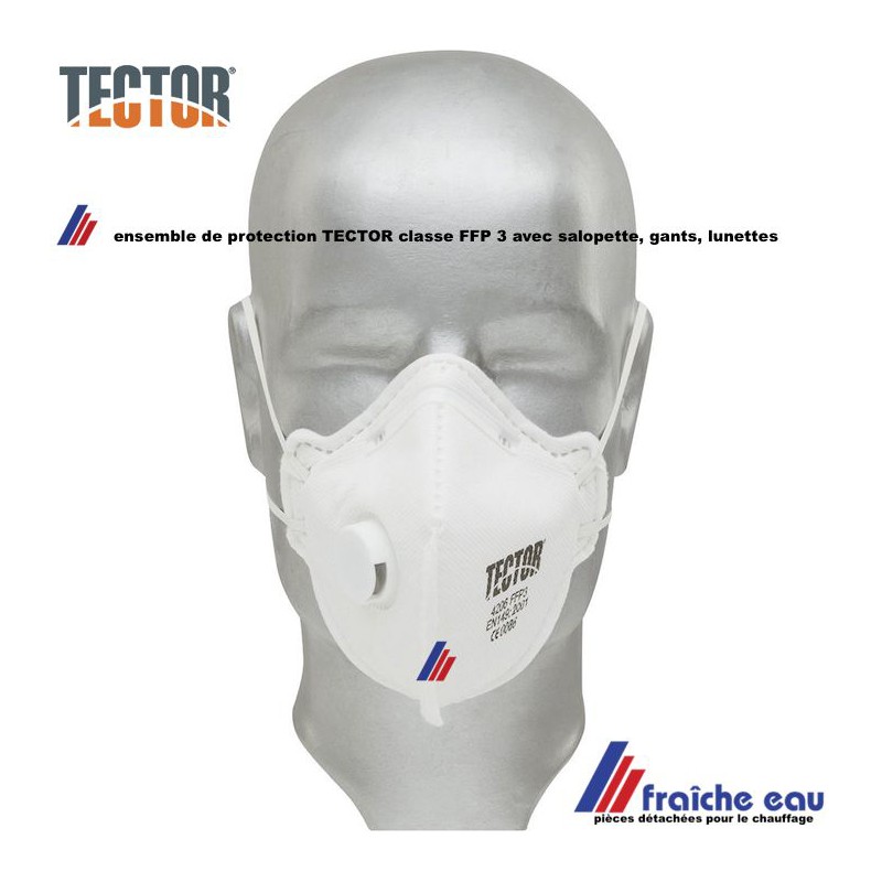 kit protection intégrale TECTOR classe FFP3 composé de salopette ,  lunettes, gants, housse de chaussures, masque avec soupape
