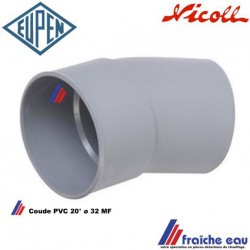 coude plastique à coller NICOLL - EUPEN PVC gris 20° décharge diam. 32mm MF