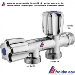 robinet triple service chrôme, entrée 1/2M avec 3 sorties indépendantes en  3/4, robinet 3 voies combiné avec 3 sorties