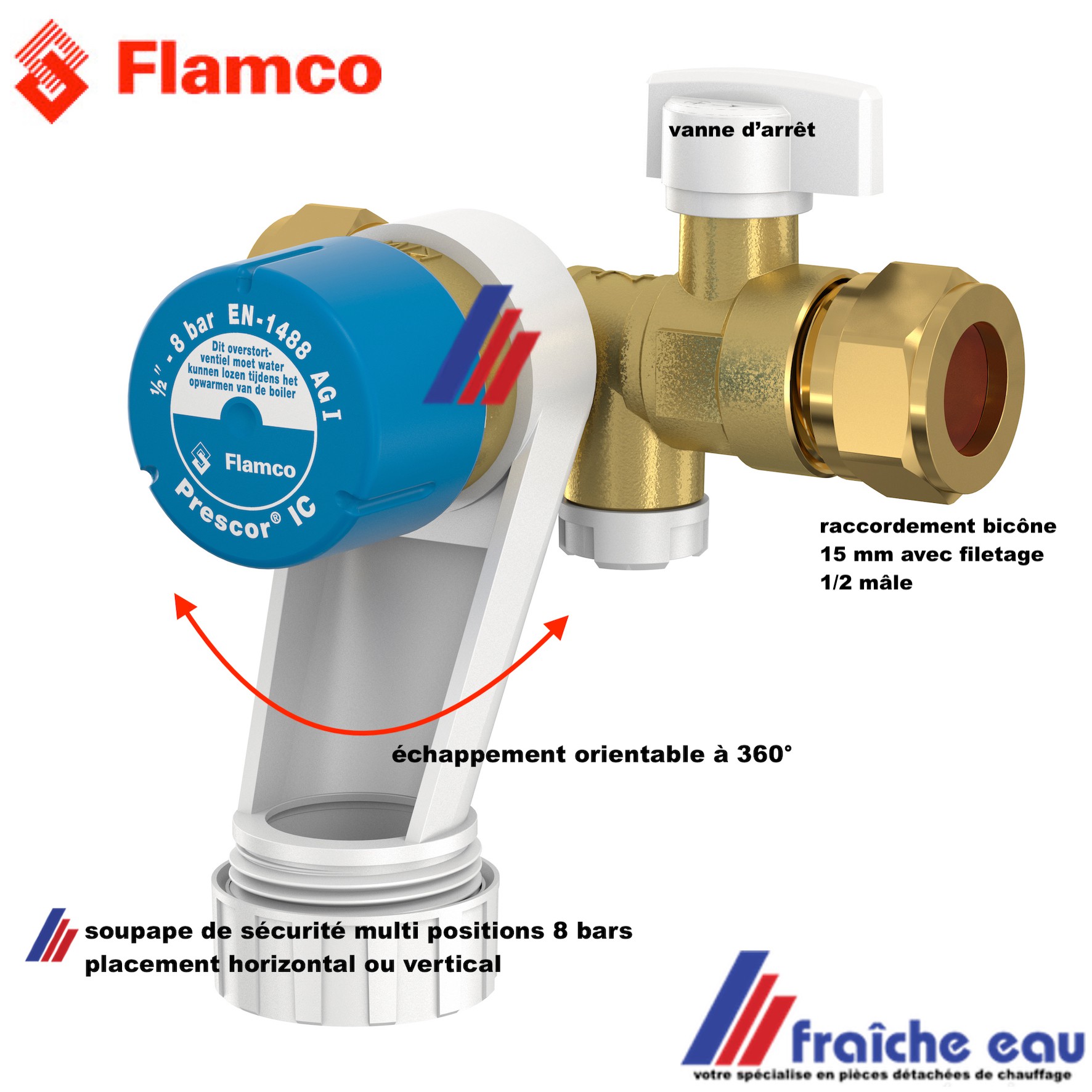 goupe de sécurité universel FLAMCO PRESCOR 8 bars , soupape de sécurité  pour boiler, échappement orientable bicône 15 mm