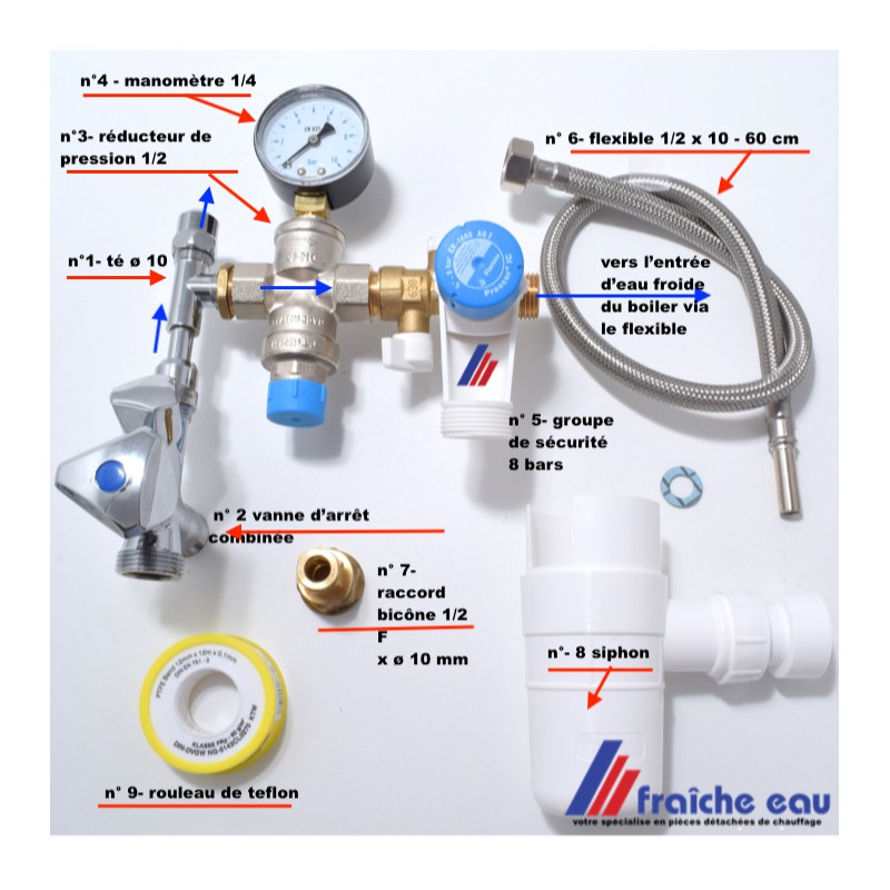ensemble pour le raccordement d'un chauffe eau sous évier haute pression  pour robinet à 2 tubes, avec vanne d'arrêt