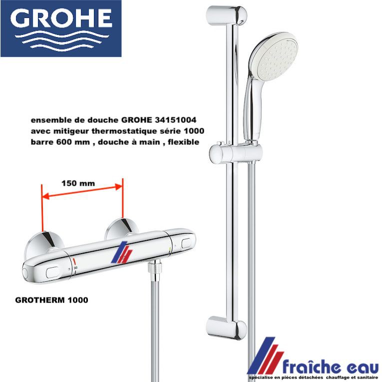 set de douche GROHE 34151004 avec mitigeur thermostatique GROHTHERM 1000,  barre 600 mm , flexible et douchette à main