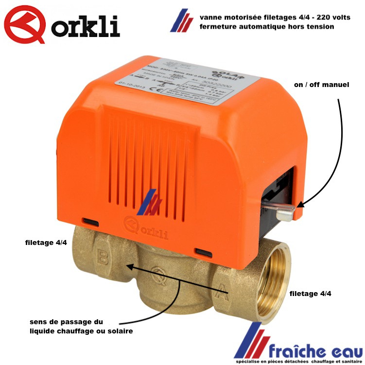 vanne de passage motorisée ORKLI filetages 4/4 pour chauffage et solaire,  vanne de zone fermeture automatique hors tension