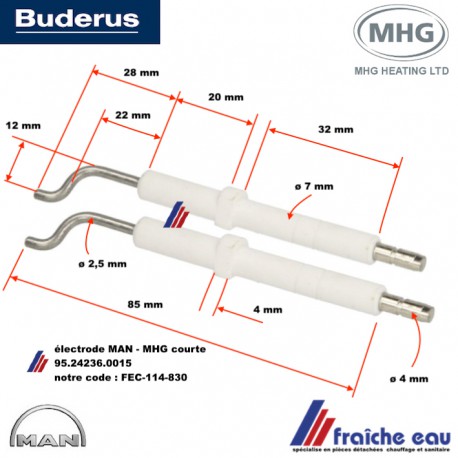 électrode d'allumage haute tension type courte pour brûleur fioul BUDERUS - MAN -MHG  type RE1.0 article 95.24236.0015