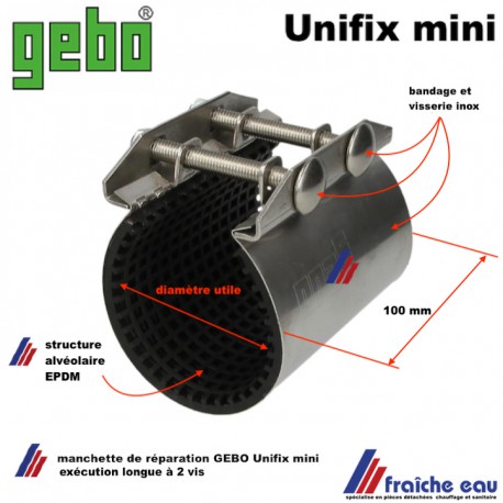 manchette de réparation GEBO UNIFIX MINI 100 diamètre utile de 21 à 25 mm, garniture d'étanchéité alvéolaire  EPDM avec vis inox