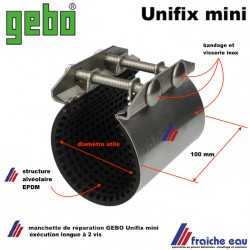 collier, bride de réparation GEBO UNIFIX MINI 100 mm pour tube lisse de 26 à 30 mm, colmater une fissure sur une conduite