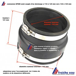 adaptateur en EPDM semi souple pour l'accouplement d'un tube de décharge 110 à 125 mm vers 130 à 145 mm à écoulement libre