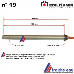 bougie d'allumage EDILKAMIN PELLBOX - ARCADIA ø 12,5 x 190 mm 330 w, élecrode d'allumage de poêle et cassette à pellets
