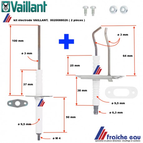 kit électrode 2 pièces VAILLANT  0020088026, Elektrode (set) 2 stuk  ionisation et allumage