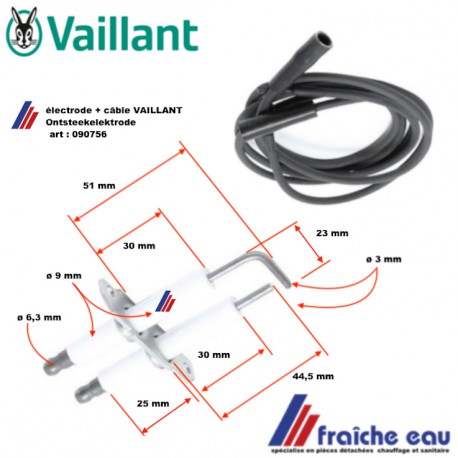 électrode d'allumage haute tension avec câble 090756 VAILLANT , Ontsteekelektrode met hoogspanningskabel