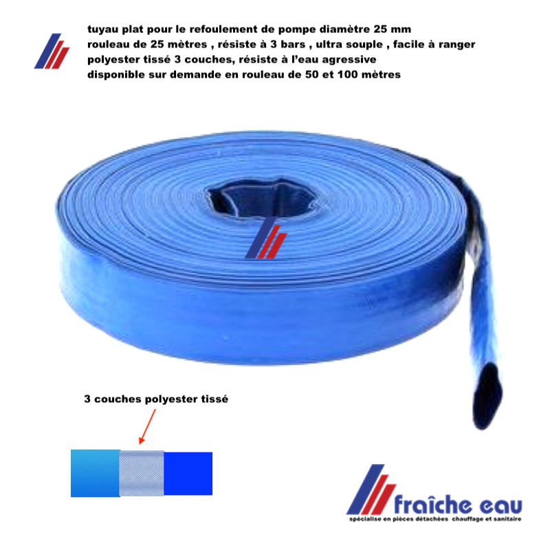 tuyau bleu souple enroulé à plat diamètre 25 mm polyester tissé 3 couches ,  rouleau de 25 mètres, facile à ranger et à utiliser