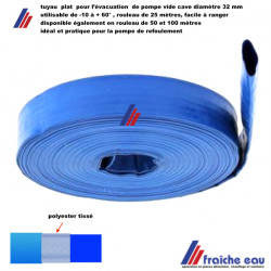 tuyau bleu souple enroulé à plat diamètre 32 mm rouleau de 25 mètres facile à ranger et a utiliser pour l'évacuation de pompe