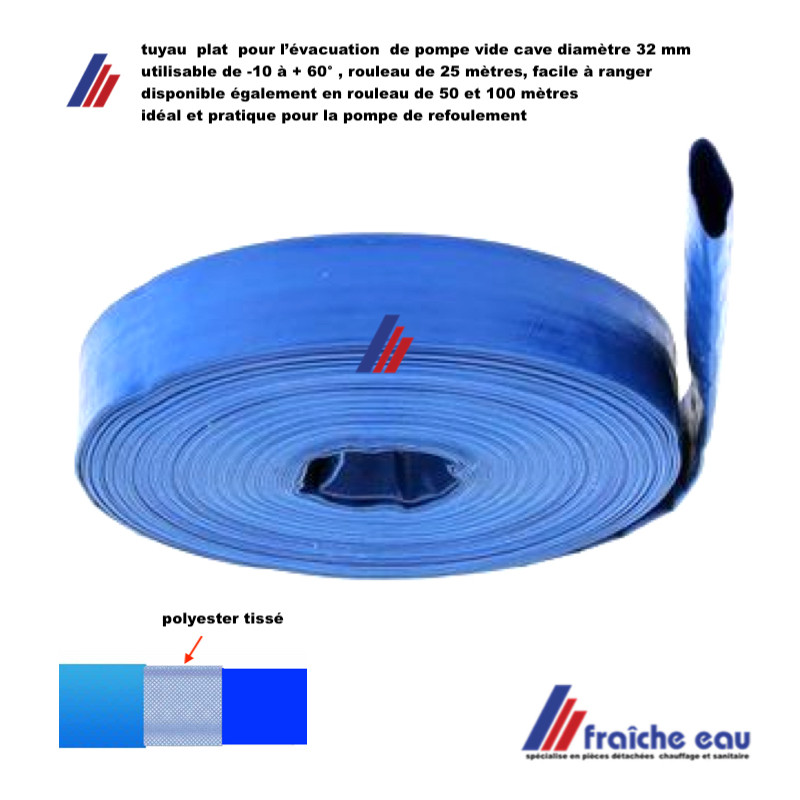 tube très souple bleu enroulé à plat diamètre 32 mm rouleau 25 mètres pour  pompe de relevage, évacuation des eaux chargées
