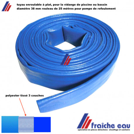 tube souple bleu conditionné à plat diamètre 38 mm, rouleau de 25 mètres pour la sortie de la pompe de refoulement des eaux