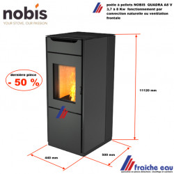 poêle pellets NOBIS QUADRA A8V ,- 35 %, puissance 8 kw fonctionnement silencieux chauffe par convection naturelle ou ventilation