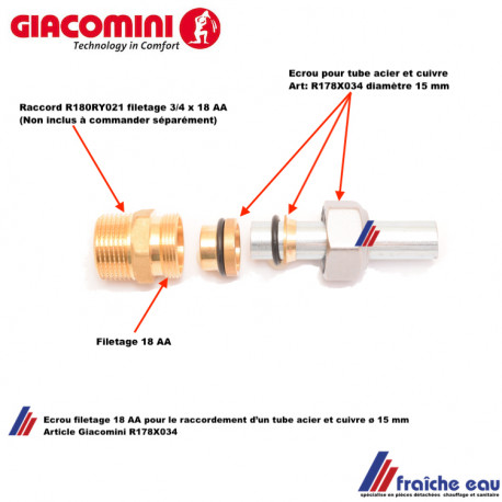 Giacomini adaptateur tube acier zingué / cuivre 18AA - 15MM