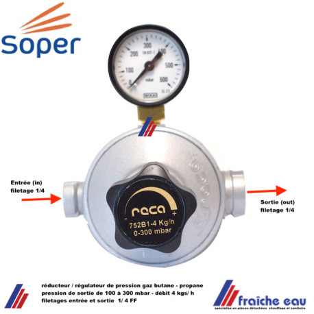 régulateur de pression gaz de 50 à 300 mbar débit 4 kgs/h , détendeur réglable SOPER type S5288 , filetage 1/4