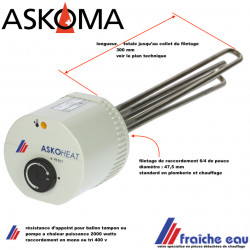 résistance électrique 2 kw ASKOMA filetage 6/4, raccordement mono et triphase , ASKOHEAT pour appoint  chauffe eau ou ballon