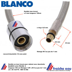 flexible en inox tressé art : 123776  spécifique pour robinet d'évier BLANCO série FELISA -S équipé d'une douchette extractible