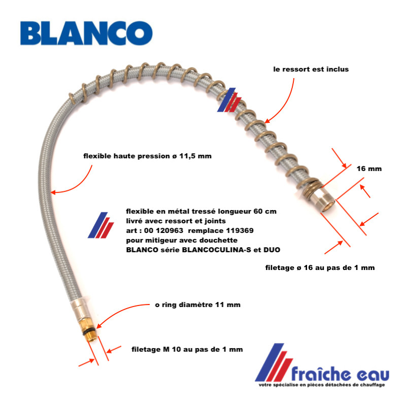 flexible haute pression 00 120963 pour mitigeur avec douchette BLANCO  CULINA et DUO, livraison de pièces détachées BLANCO