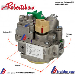 bloc gaz, vanne de régulation gaz ROBERTSHAW série 7000 filetages FF 3/4 , alimentation de bobine 220 volts 