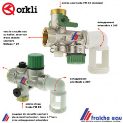 groupe de sécurité sanitaire filetage 3/4 ORKLI , soupape de chauffe eau avec échappement orientable pression max réglée à 7 bar