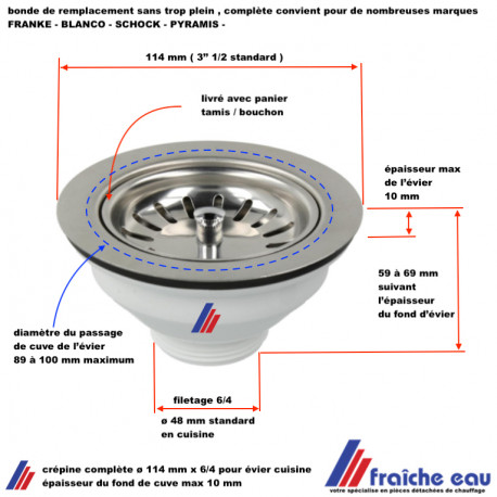 Bonde Cr pine soupape Diam tre 114 Mm Sans Trop Plein Cuisine 
