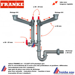 siphon gain de place FRANKE 330113 type SPAZIO garniture d'écoulement pour 2 cuves dissimétriques , coupe air 112.0071.974
