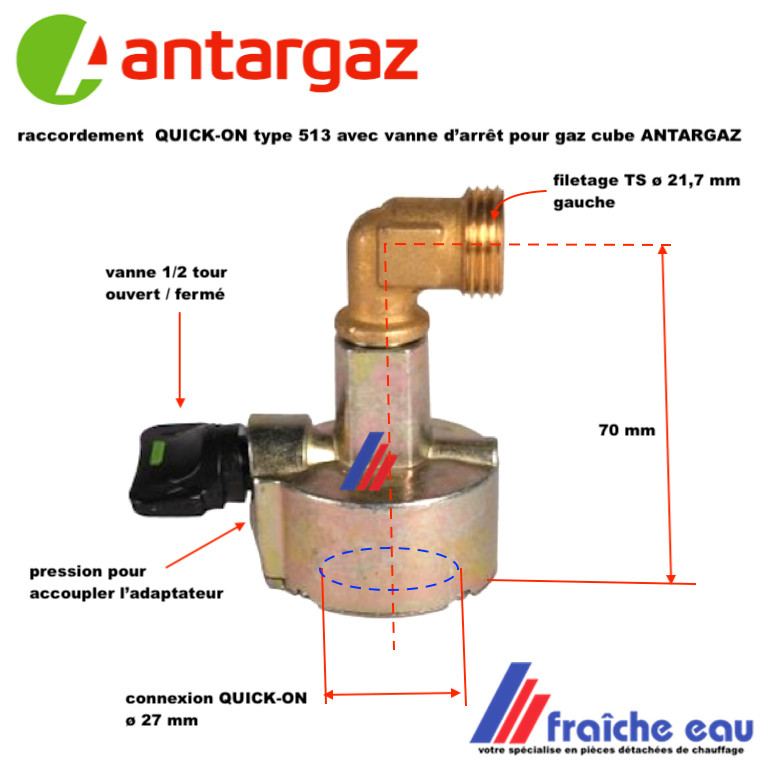adaptateur QUICK ON pour ANTARGAZ entrée vers la bouteille diamètre 27 mm  avec vanne d'arrêt, sortie coudée TS 21,7 filet gauche