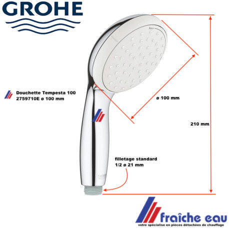 douchette à main GROHE TEMPESTA art: 2759710 E, filetage 1/2 standard  pour salle de bains version  chrome  anti clacaire