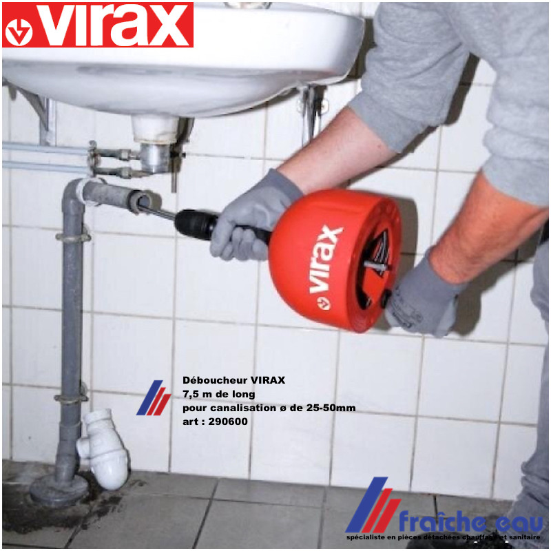 déboucheur manuel à tambour VIRAX art 290600 jusque 7,5m dégage la  canalisation de décharge de 32 à 50mm