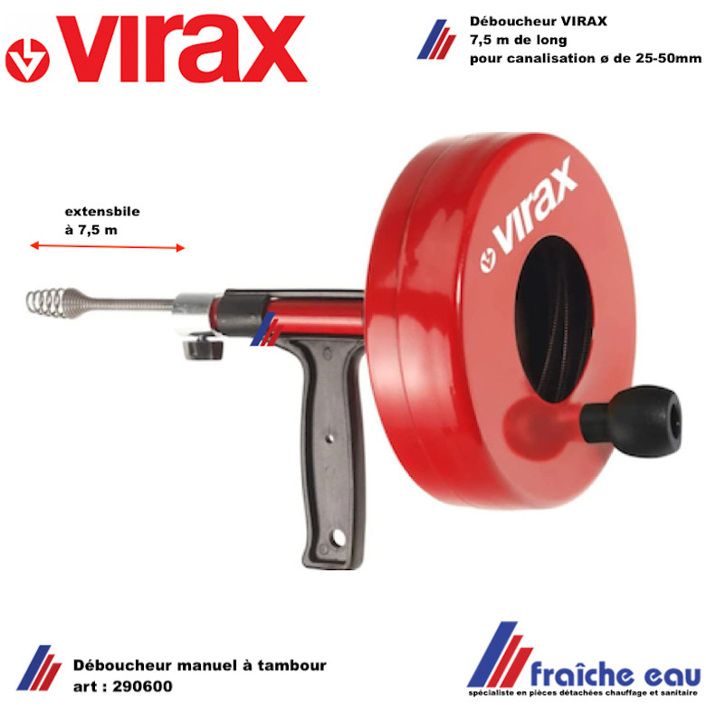 déboucheur manuel à tambour VIRAX art 290600 jusque 7,5m dégage la  canalisation de décharge de