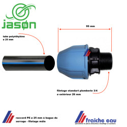 raccord à visser JASON PE 25 mm filetage 3/4 pour l'arrosage avec tube polyéthylène type PEHD  en plastique noir type SOCAREX