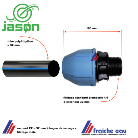 raccord JASON PE 32 mm filetage 4/4 pour eau salée, chlorée et piscine