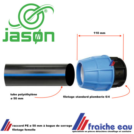 raccord femelle 50 mm JASON pour tube polyéthylène 6/4, raccord à compression