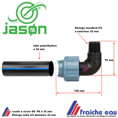 coude mâle 32 mm JASON à compression résistant aux acides, alcalins, sels et solutions ogrganiques