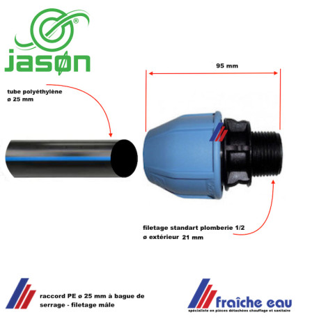 raccord à visser 25 mm JASON filetage mâle 1/2 pour raccordement de tubes en polyéthylène