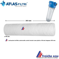 filtre jetable 50 microns pour eau  fibre tressée  ,manchette  filtrante ATLAS FILTRI , universelle longueur 250 mm diamètre 56