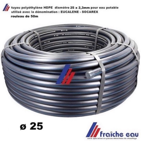 tuyau SOCAREX HD-PE80 diamètre 25 x 2,3mm noir avec lignes bleues, rouleau de 50m pour eau potbale uniquement