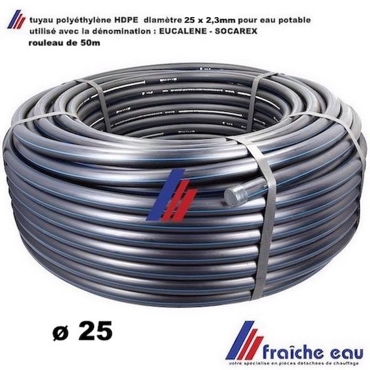 tuyau SOCAREX HD-PE80 diamètre 25 x 2,3mm noir avec lignes bleues, rouleau  de 50m pour eau potable uniquement