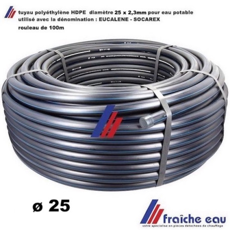 tube polyéthylène SOCAREX haute densite noir à bande bleue ø25 x 2,3mm, rouleau de 100m, système d'approvisionnement en eau