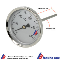 thermomètre bi métallique de 0 à 500 °c sonde diamètre 6 mm longueur 100 mm pour température de fumées