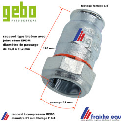 raccord a compression galvanisé GEBO en fonte malléable diamètre 51 mm filetage 6/4  manchon de transition pour tube bouilleur