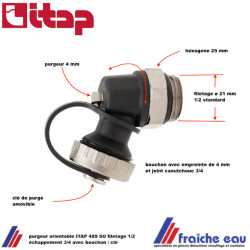 purgeur orientable avec échappement 3/4 avec clé de purge 4 mm raccord d'évacuation 3/4
