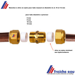 manchon à bague PTFE, raccord 1/4, 3/8, 1/2 pour tube mazout/fioul en diamètre 6, 8, 10 et 12 mm