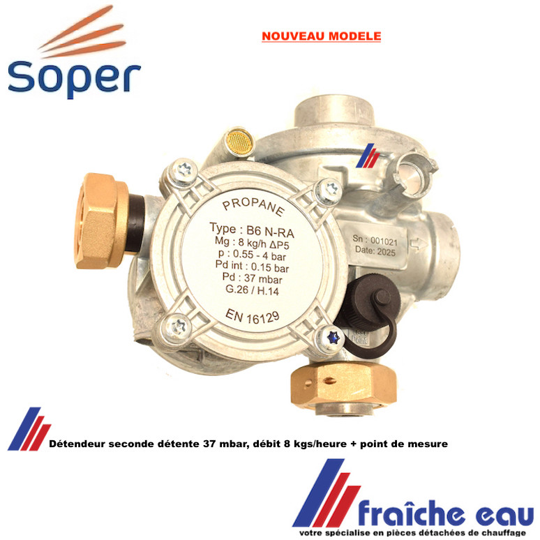 Détendeur Sécurité Gaz Propane COMAP 37 Mbar - Basse Pression - Débit 1.3kg/h - Entrée/Sortie M20x1.5 - NF D36303
