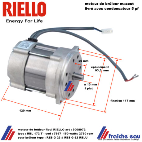 moteur de brûleur mazout à flamme bleue RIELLO art: 3008972 pour RES type G 23 à 52 RBLU  livré avec  condensateur