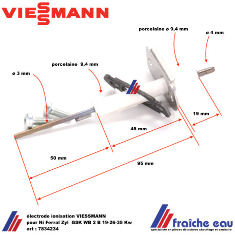 électrode ionisation VIESSMANN 7834234 type MATRIX, NI FERRAL pour brûleur cylindrique
