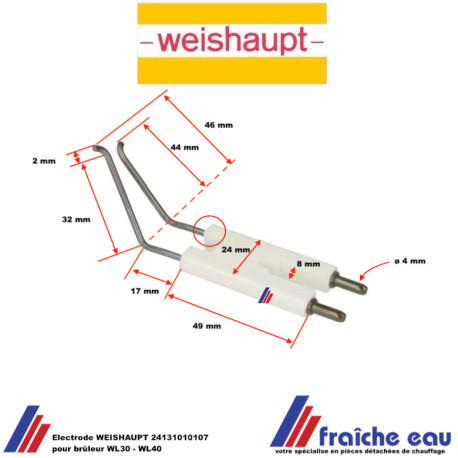 Electrode d'allumage WEISHAUPT art: 24131010107 pour brûleur WL30 - WL40