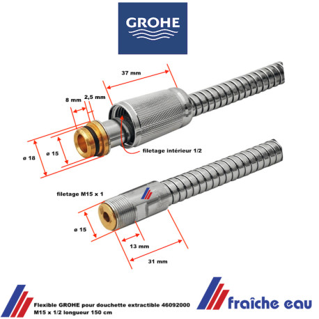 Flexible GROHE pour douchette extractible 46092000 M15 x 1/2 longueur 150 cm